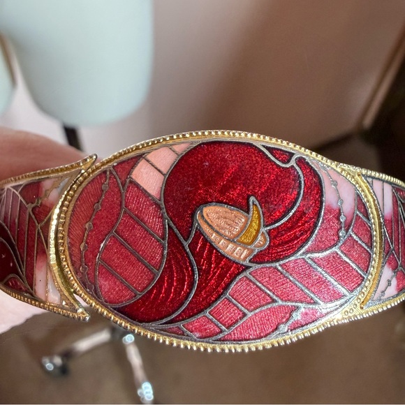 Vintage 70’s 80’s art deco burgundy Red calla Lily Enamel Clamper bracelet - Picture 5 of 17